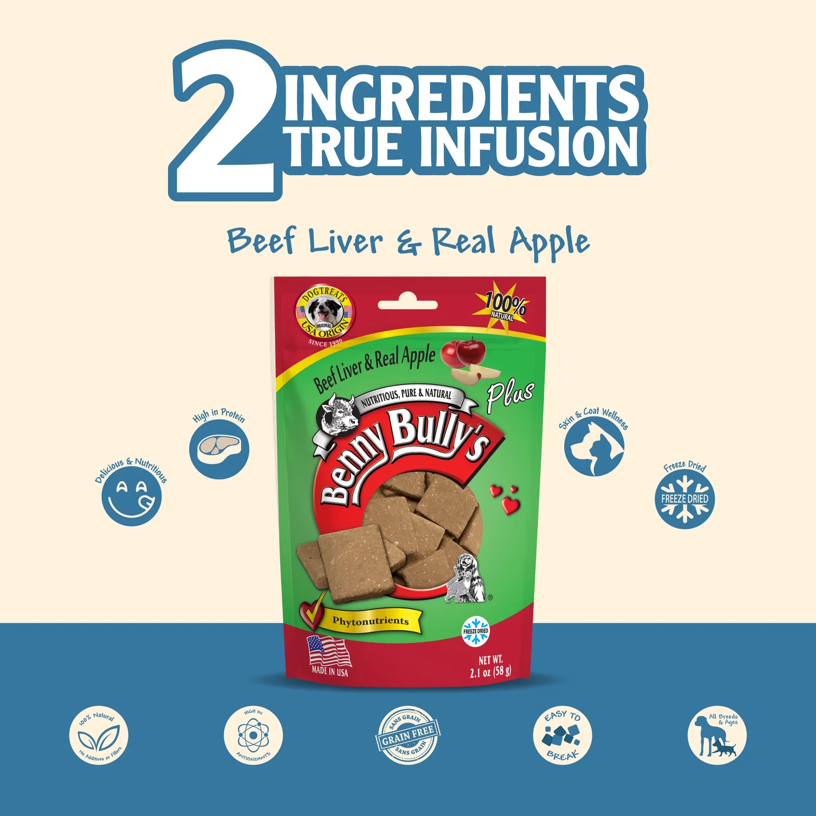 Benny Bullys Plus Beef Liver and Apple Freeze-Dried Dog Treats made with real beef liver and apple