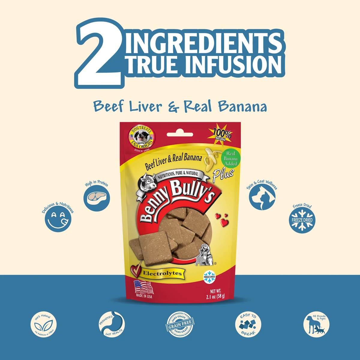 Benny Bullys Plus Beef Liver and Banana Freeze-Dried Dog Treats made with real beef liver and banana