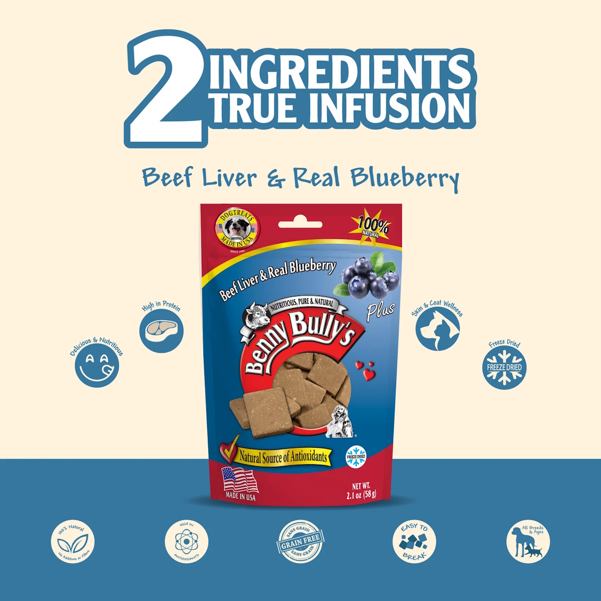 Benny Bullys Plus Beef Liver and Blueberry Freeze-Dried Dog Treats made with real beef liver and blueberries