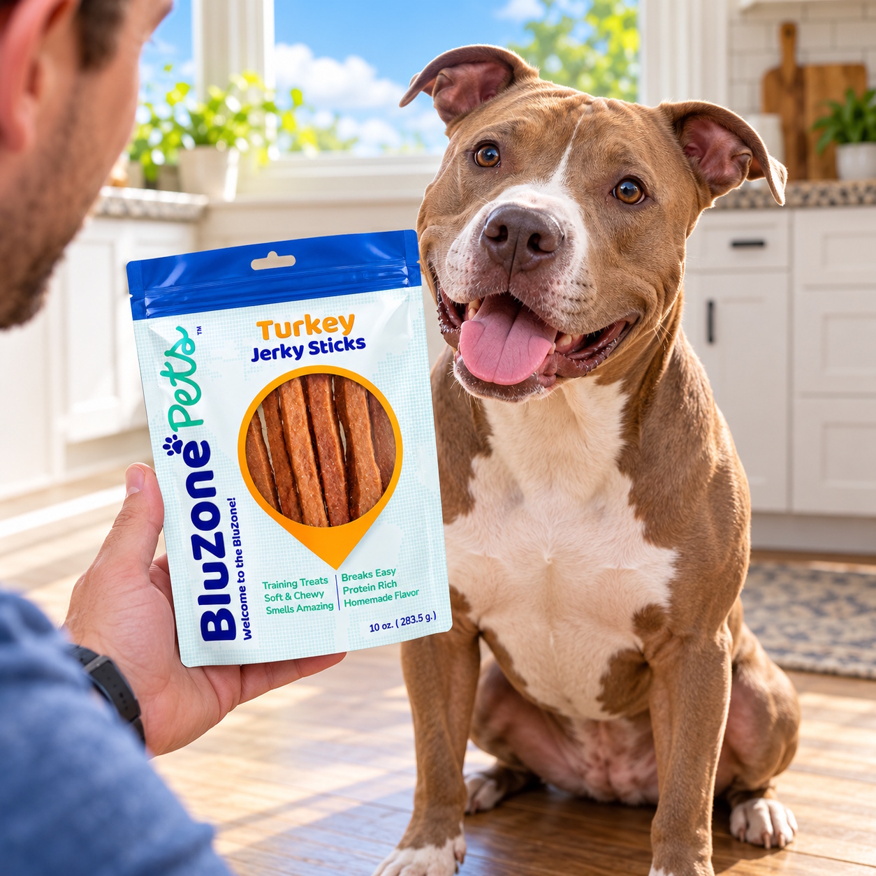 Back of BluZone Pets Turkey Jerky Sticks Dog Treats package showing ingredients, guaranteed analysis and product information