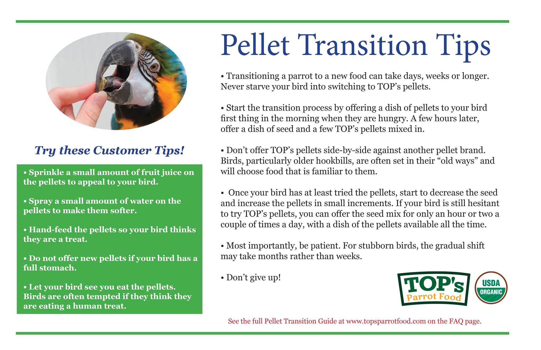 TOP's Organic Large Parrot Pellets for macaws, African greys, cockatoos, Amazon parrots and Eclectus