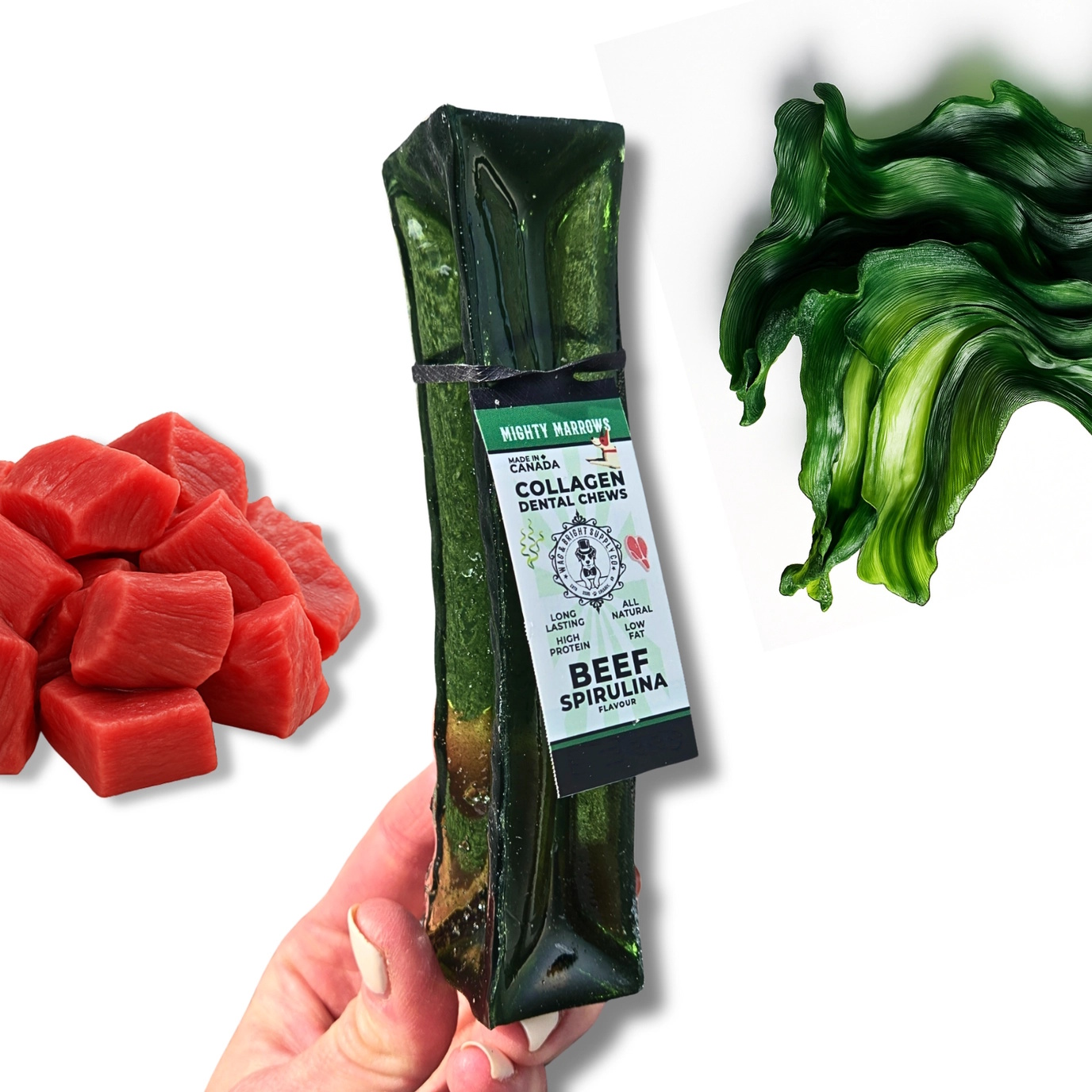 Wag and Bright Mighty Marrows Beef Spirulina Jumbo collagen dental chew for large dogs