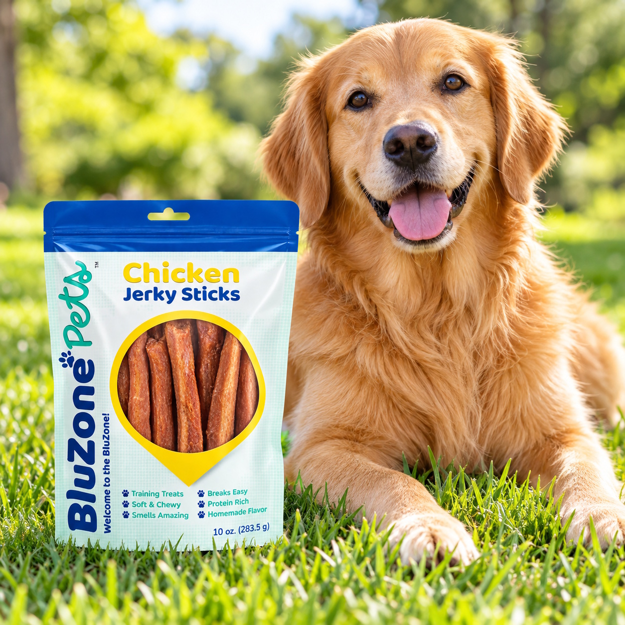 Soft and chewy BluZone Pets Chicken Jerky Sticks made with farm-raised chicken